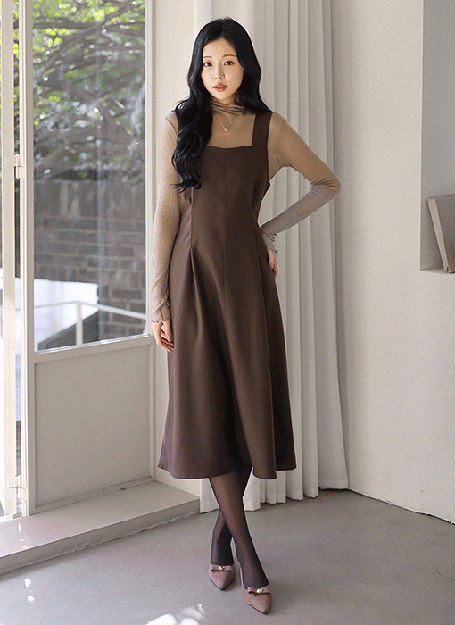 [Theonme] 포블 뒷리본 핀턱 플레어 뷔스티에 나시 원피스