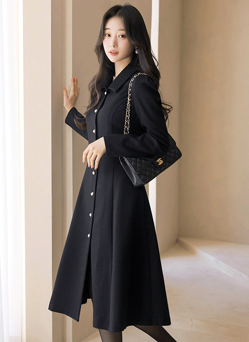 엘르샤 클래시 진주 버튼 A라인 플레어 롱 트위드 원피스