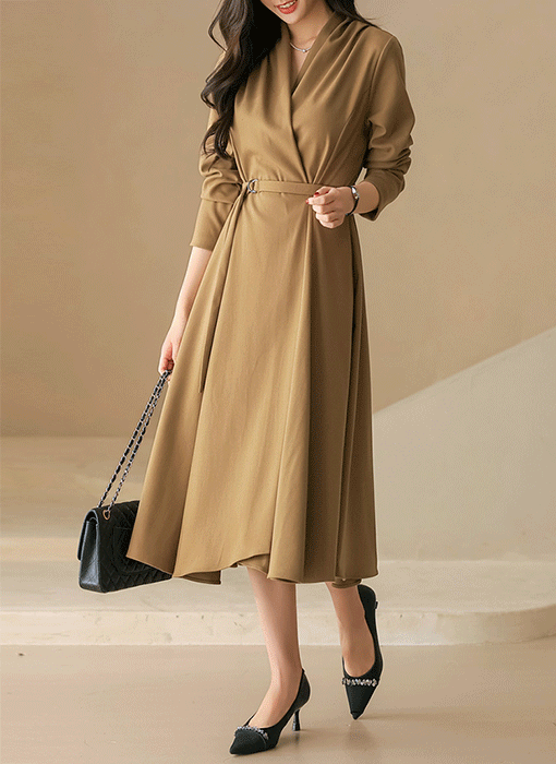 하엘브 셔링 드레이스 벨트set 랩 플레어 롱 원피스