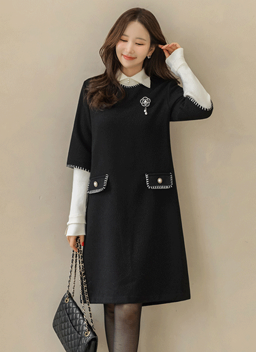 마이아 울 블렌딩 버튼홀 스티치 7부 소매 세미 A라인 미디 원피스