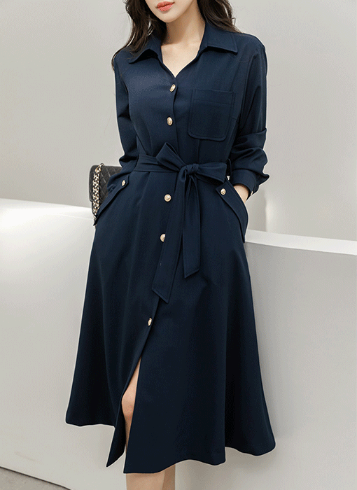 펠로트 골드 버튼 리본 벨트SET A라인 플레어 카라 원피스