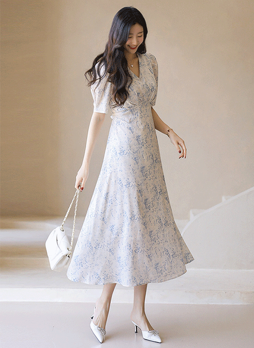 A라인 롱 플레어 셔링 퍼프소매 허리 리본 원피스