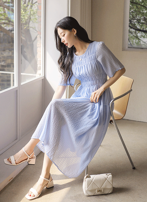 시어서커 지지미 스모킹 셔링 A라인 5부소매 롱 원피스