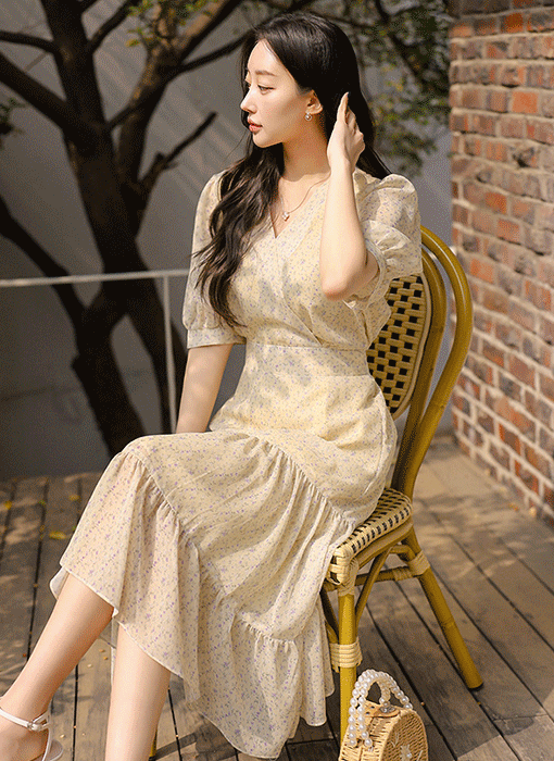 A라인 티어드 플레어 랩디자인 허리 리본 플라워 쉬폰 롱 원피스