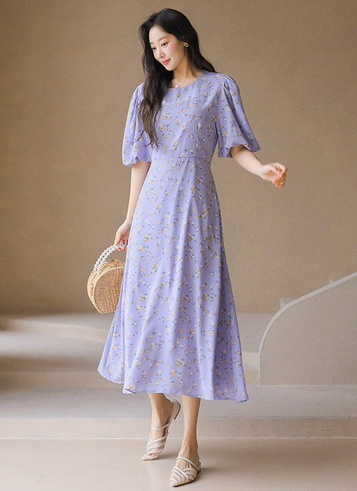 [기획특가] A라인 플레어 로맨틱 미니 플라워 벌룬소매 롱 원피스