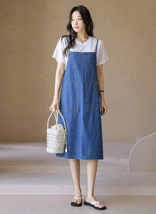 [Theonme] 패치포인트 투포켓 데님 원피스