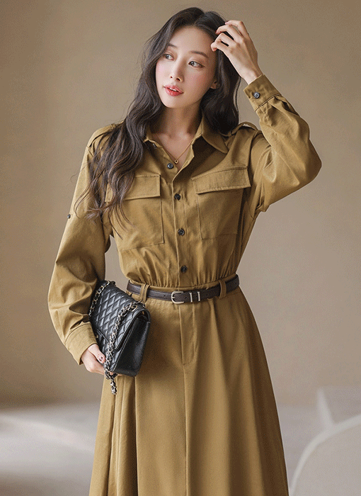 [기획특가] 아델리 포켓 카라 셔츠 A라인 롱 플레어 원피스