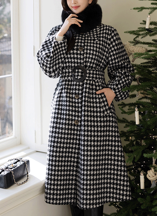 트아프 울100% 제비체크 벌룬소매 벨트SET 코트