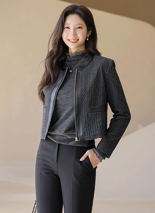 셀리온 에코 레더 배색 다이아 쟈가드 노카라 세미 크롭 집업 자켓