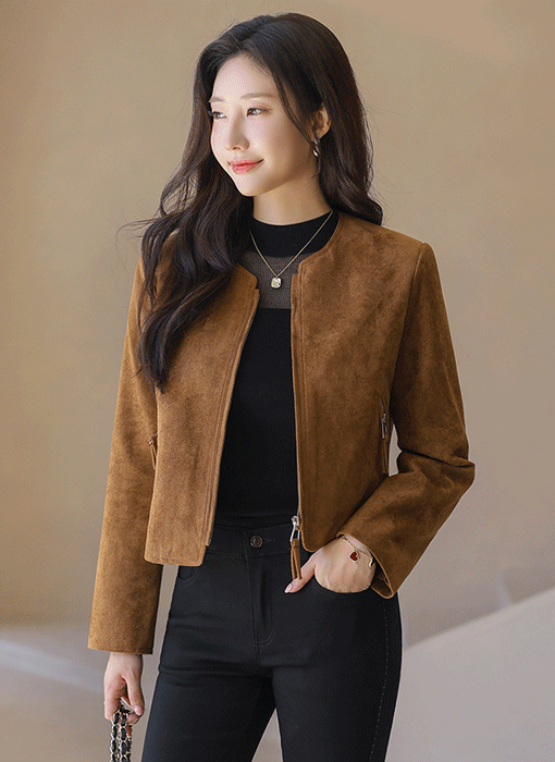 데미스 어텀 무드 세미 크롭 비건 스웨이드 집업 자켓