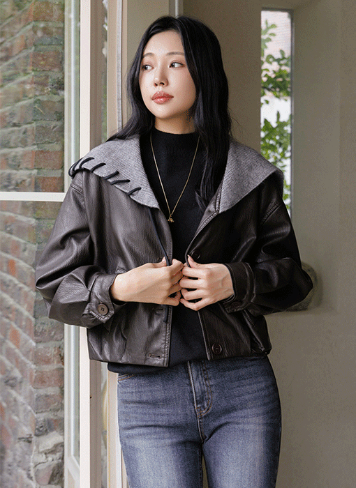 [Theonme] 타블로 스티치 니트 세일러 카라 세미크롭 레더 자켓