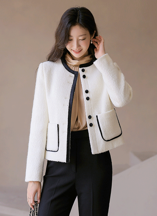 바네고 벨벳 배색 울50 블렌딩 노카라 모직 자켓