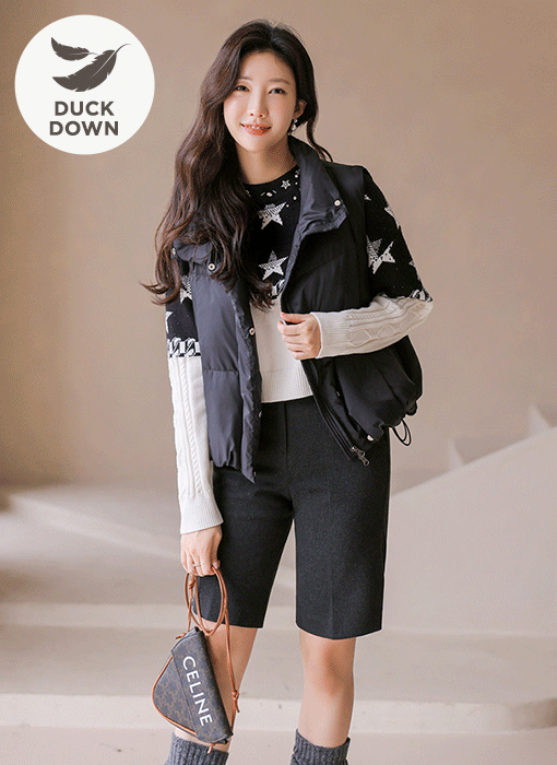 로이빈 세미 오버핏 밑단 스트링 가볍고 따뜻한 오리털 패딩 조끼 베스트