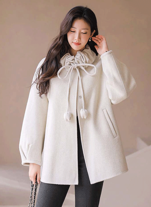 루너스 튤립 폼폼 셔링 머플러SET 울100 핸드메이드 하프 코트