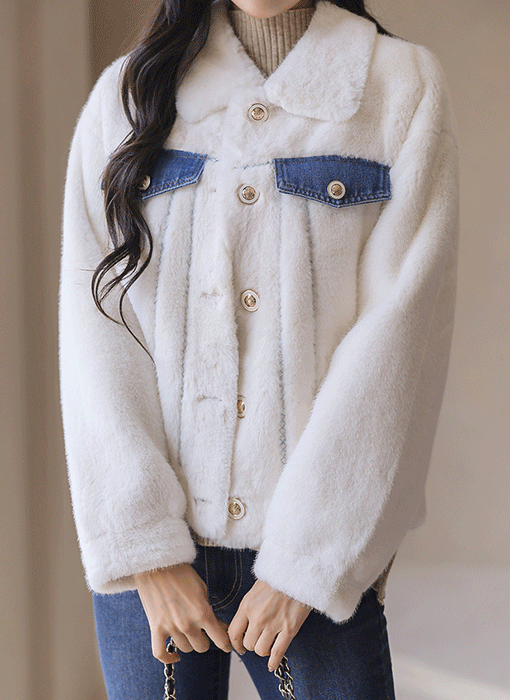 로네이 데님 배색 블루 스티치 보들보들 퍼 무스탕 자켓