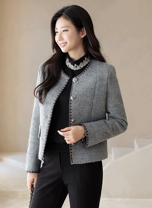 헤부티 울 블렌딩 고퀄 자수 디테일 누빔 안감 노카라 자켓