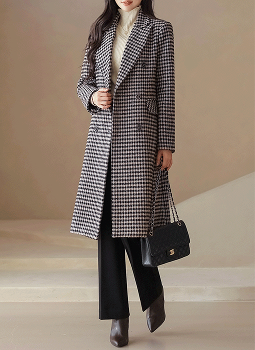 하베인 울 블렌딩 모직 클래식 체크 더블 롱 코트