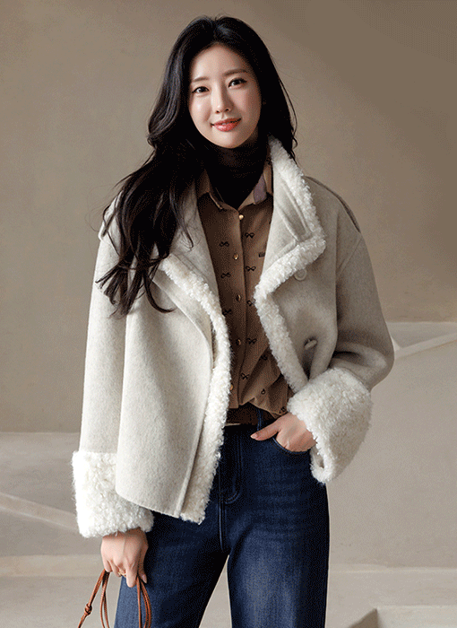 로하즈 포근 울 블렌딩 뽀글 양털 트리밍 더블 하이넥 핸드메이드 자켓