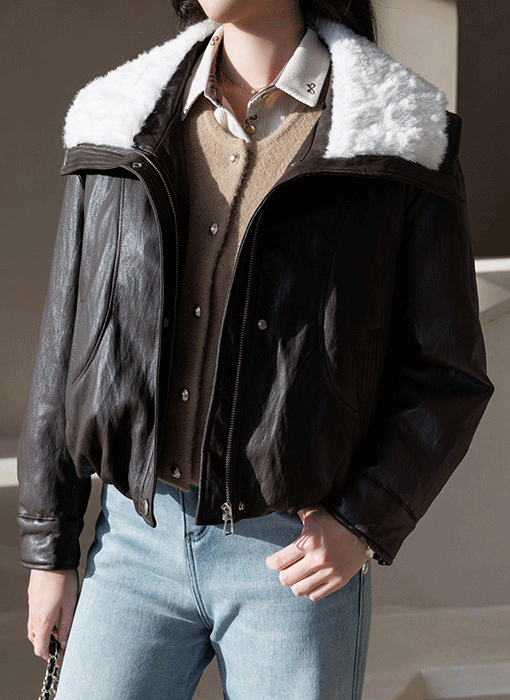 헤니시 퍼 트리밍 오리털 패딩 안감 라이더 레더 점퍼