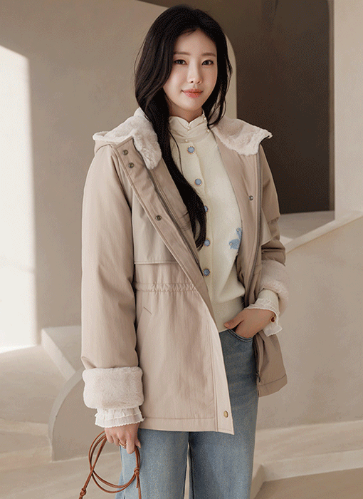 샤이닌 매우 따뜻한 전체 퍼안감 미드 하프 후드 패딩 점퍼