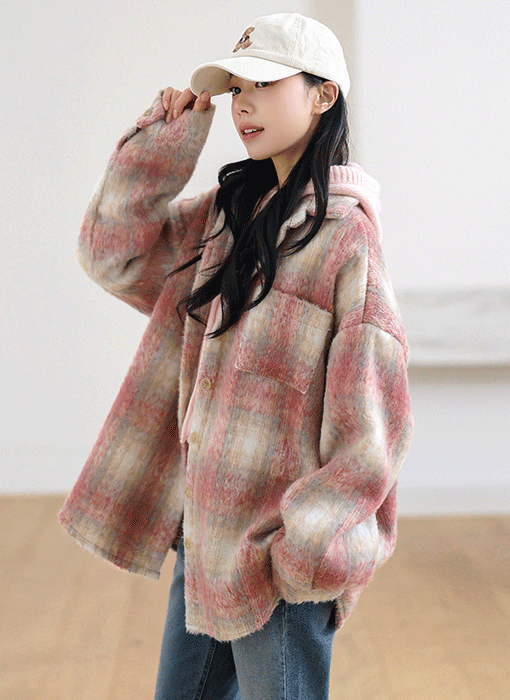 아벨로 헤어리 울 배색 체크 루즈핏 셔츠 자켓