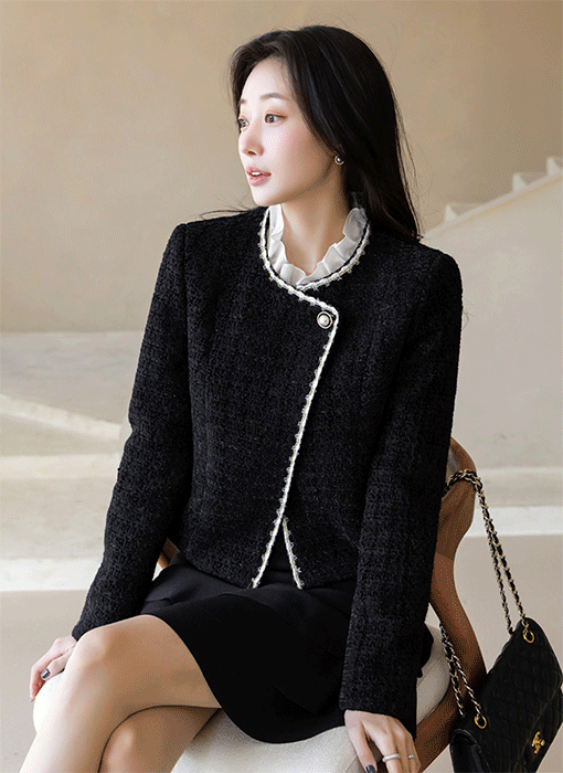 [루이스엔젤] 에르사 울 블렌딩 펄 트위드 브레이드 배색 랩 트위드 자켓