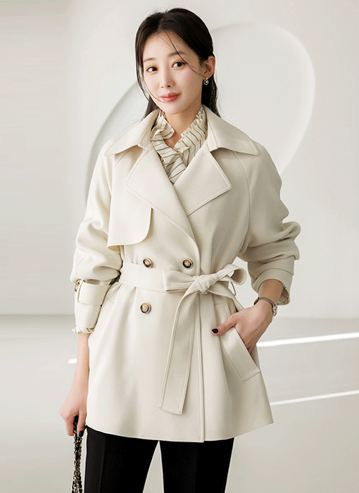 [루이스엔젤] 크렘므 프렌치 무드 벨트SET 하프 더블 트렌치 코트