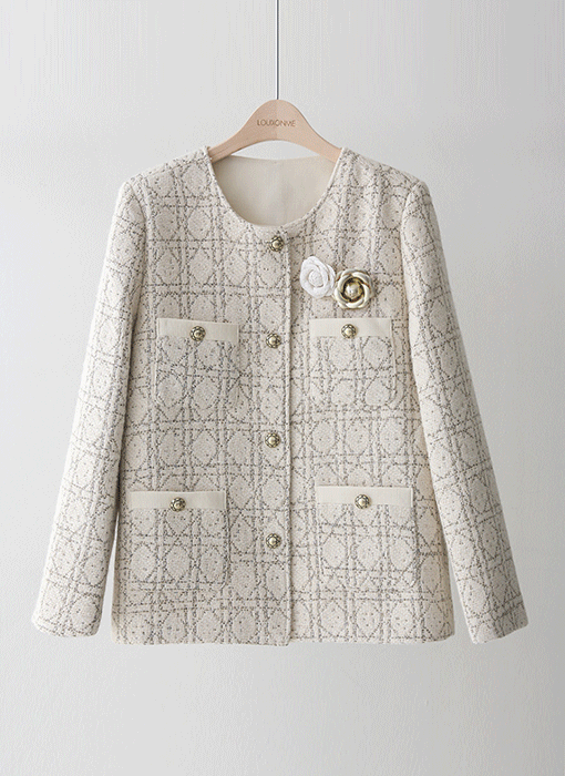 리제인 투 플라워 코사지SET 다이아 울블렌딩 트위드 노카라 미드 자켓