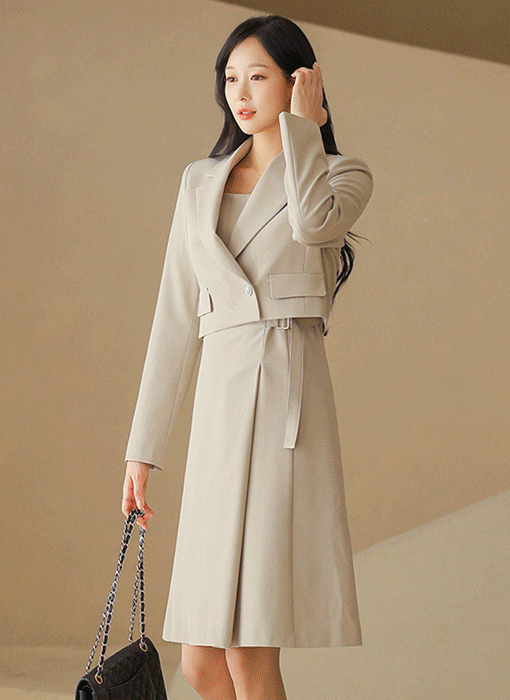 제인다 크롭 더블 자켓 뷔스티에 민소매 A라인 미디 원피스 투피스 세트