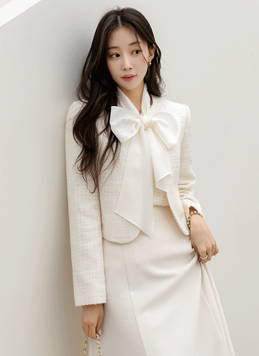 [루이스엔젤] 리오웬 쉬폰 리본 스카프SET 노카라 은은 펄 트위드 자켓