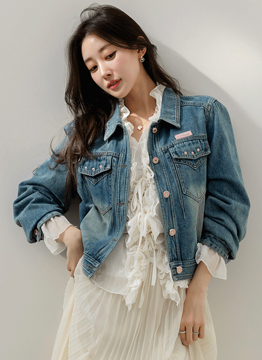 앤디아 러블리 핑크 포인트 레터링 말 자수 데님 자켓