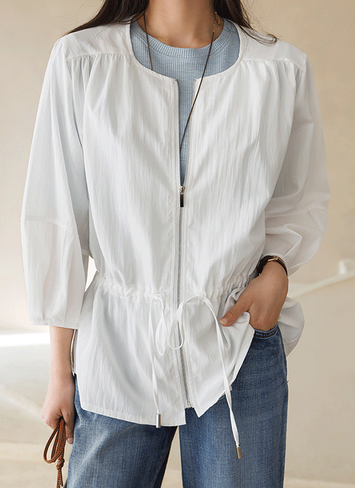 [Theonme] 그레인 허리 스트링 벌룬 소매 바스락 사파리 집업 자켓