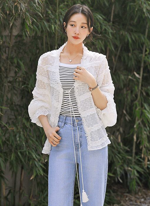 도트 쟈가드 캉캉 프릴 스트라이프 요루 쉬폰 로브 가디건