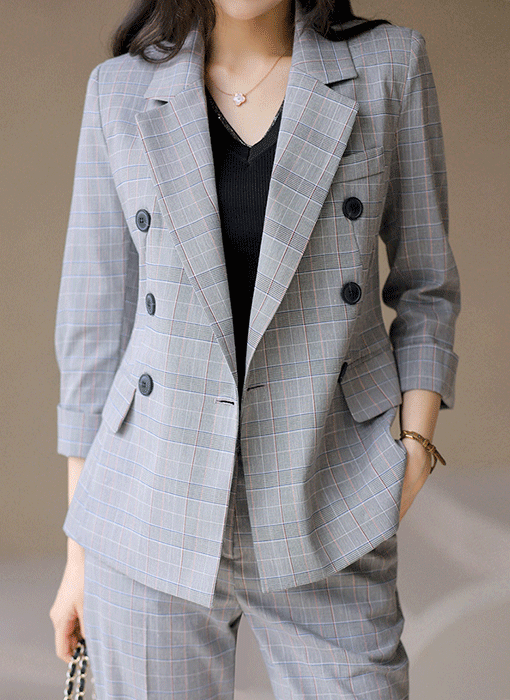 (55-77) 글렌 체크 7부 롤업 소매 슬림 라인 테일러드 더블 자켓