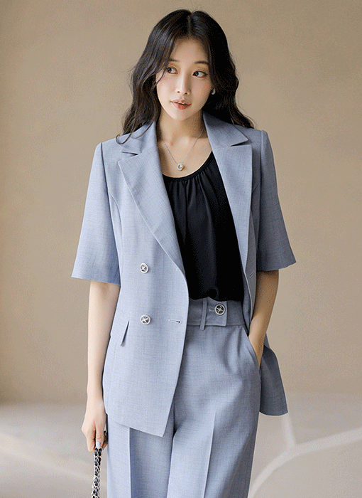[루이스엔젤] 블루엘 사각사각 린넨 라이크 실버 벨트SET 더블 테일러드 자켓