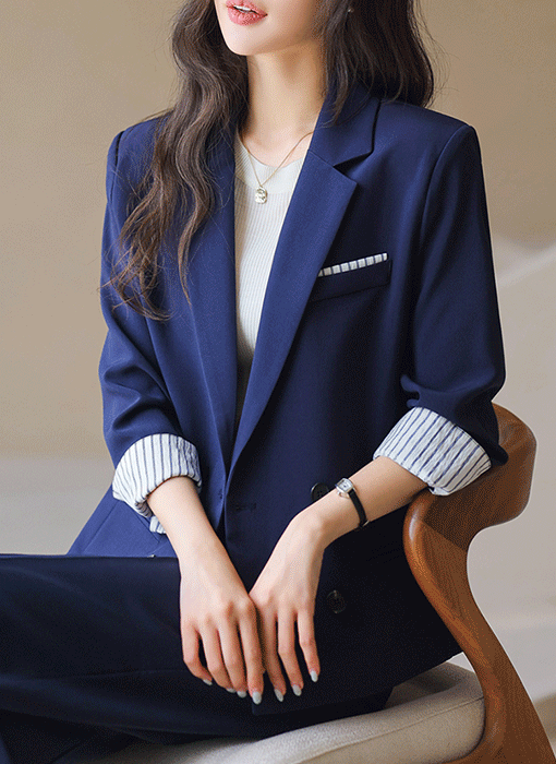 데이브 스트라이프 배색 클래식 테일러드 더블 자켓