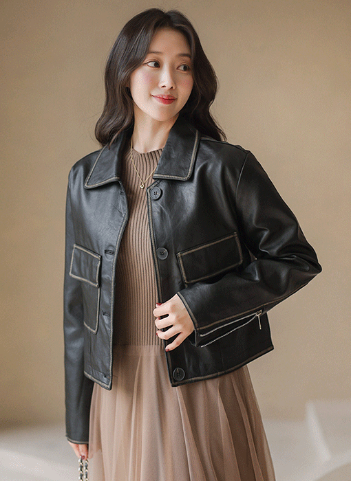 모하스 빈티지 라인 워싱 포인트 스티치 카라 레더 자켓