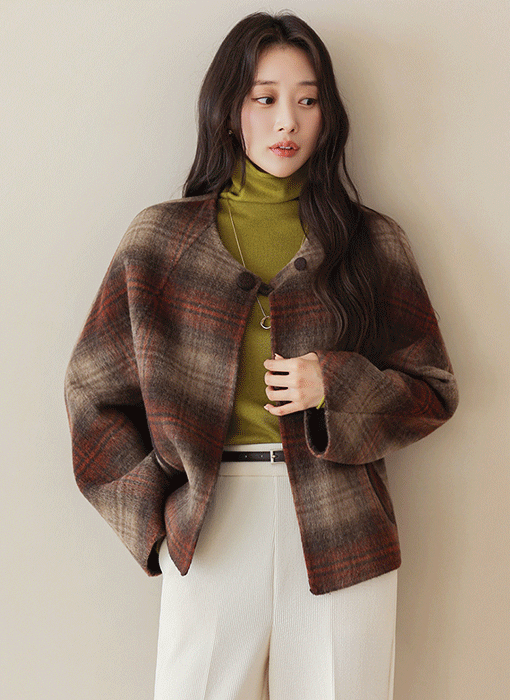 빌리블 알파카10 울90 그라데이션 체크 노카라 자켓