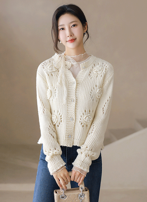 샬로트 쥬얼 버튼 로즈 코사쥬 울 블렌딩 뜨개 니트 가디건