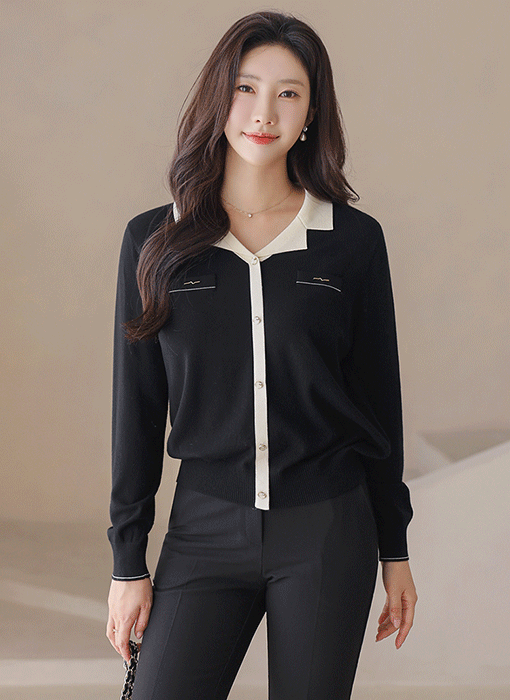 실루안 버튼 포인트 카라 배색 밑단 시보리 니트