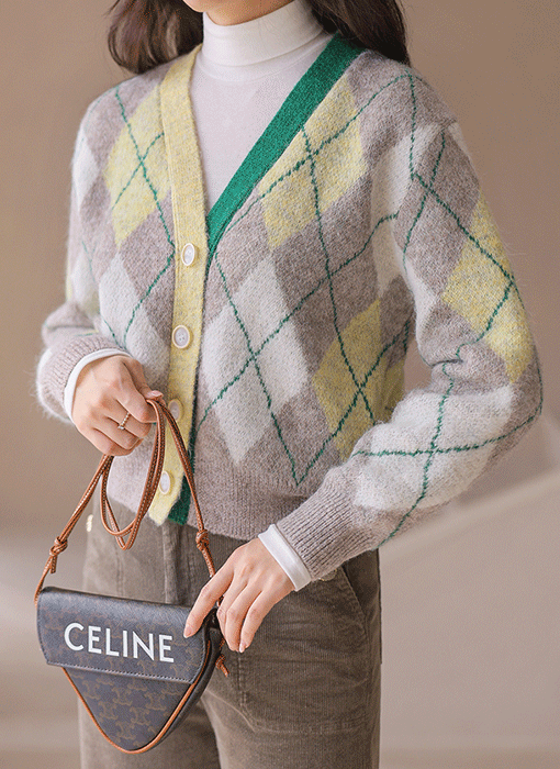 미니아 포근 울 블렌딩 아가일 체크 배색 니트 가디건
