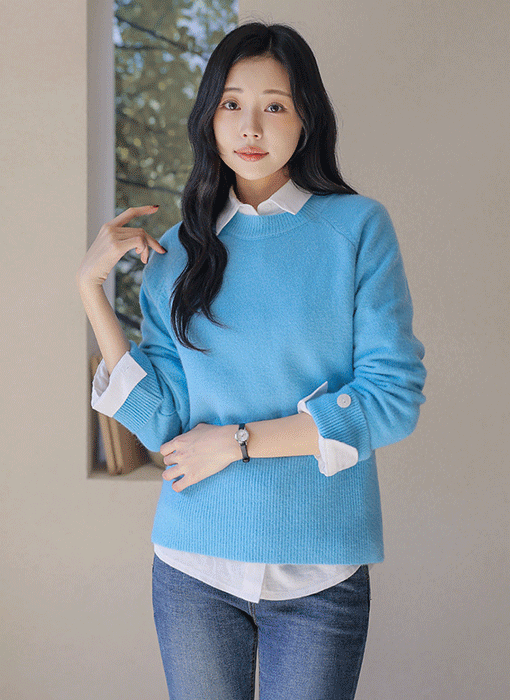 [Theonme] 벨리드 롤업 단추 소매 볼드 시보리 라운드 니트