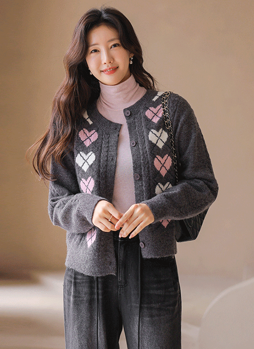 샤일런 하트 아가일 체크 폭닥폭닥 니트 가디건