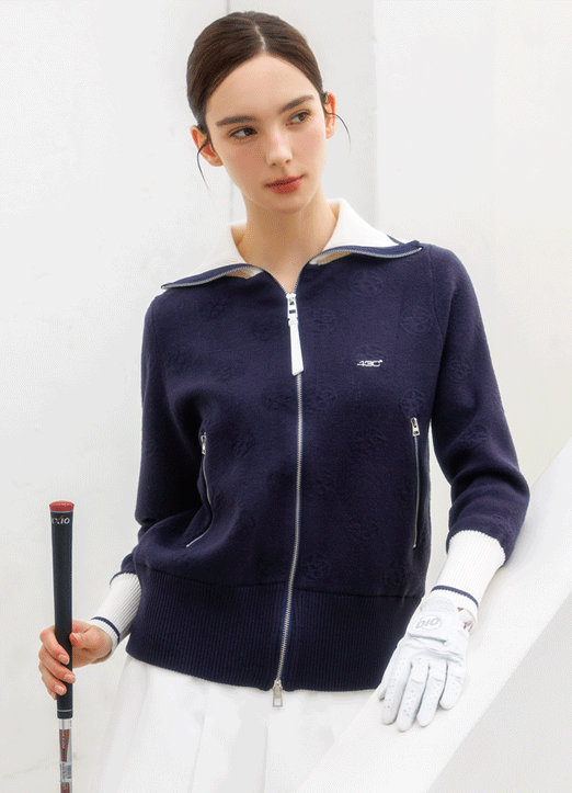 [QoG] 골프 자가드 배색 하이넥 울 집업 가디건_3color