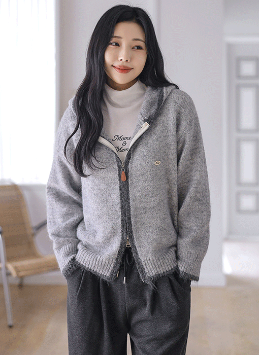 [Theonme] 로비트 배색 팬던트 투웨이 집업 후드 울 니트 가디건