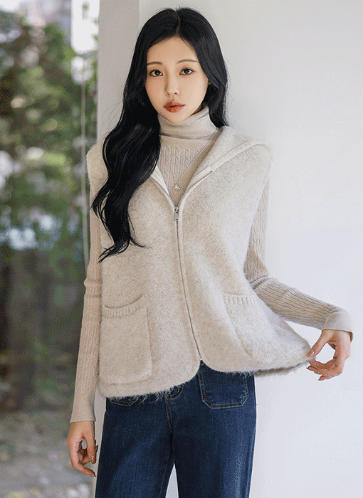 [Theonme] 에리드 포근 양모 포켓 후드 집업 조끼 베스트