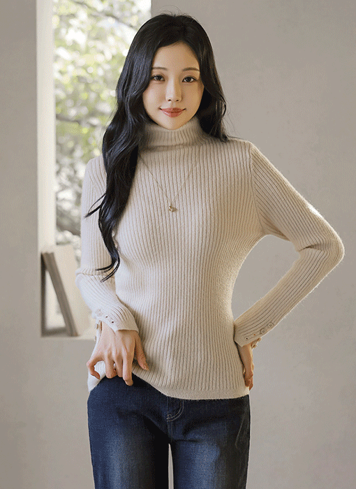 [Theonme] 루엘디 소매 단추 트임 도톰 골지 슬림 폴라 니트