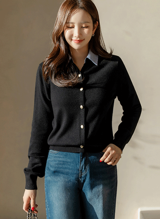 델리오 스트라이프 카라 배색 니트 가디건