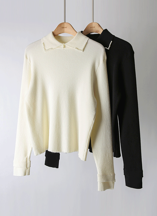 라오브 진주 포인트 소매 트임 카라 골지 니트
