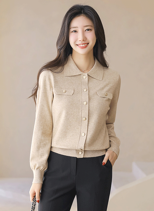 리트오 골드버튼 카라 비스코스 니트 가디건